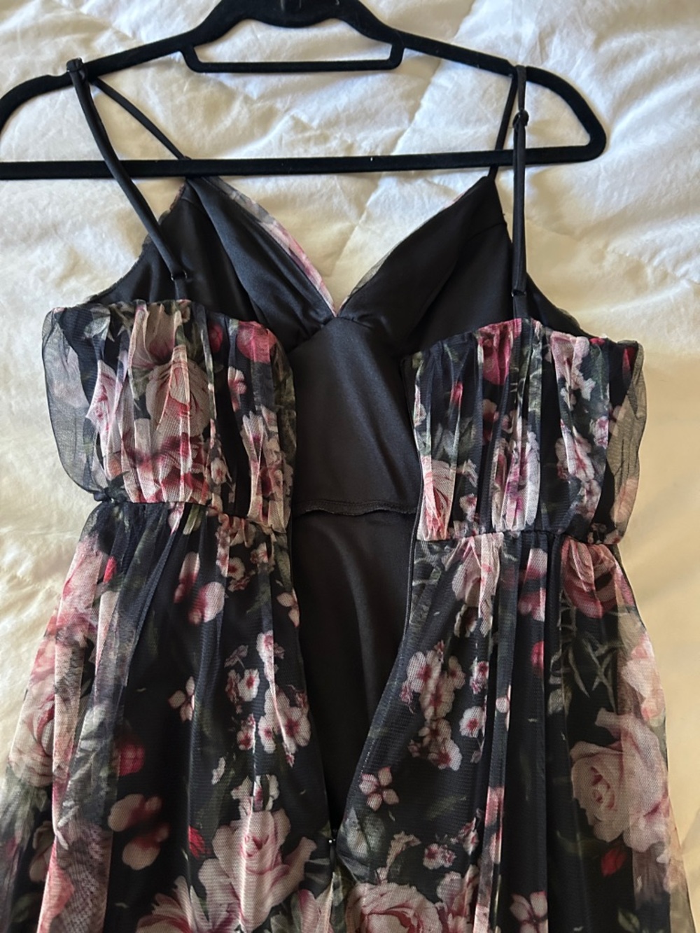 Lulu's Black Floral Tiered Mesh Maxi Dress with Pink Roses - Picture 9 of 15
